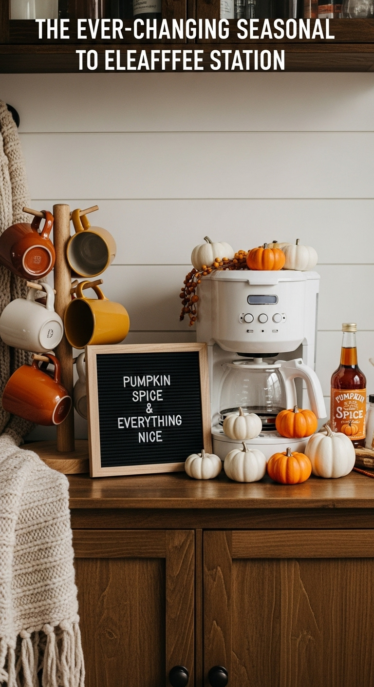 Cozy fall-themed coffee station on a rustic wood cabinet with a mug tree pumpkins and a letterboard sign