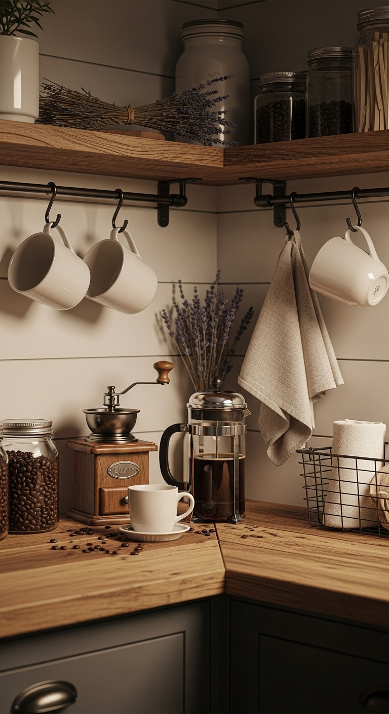 Cozy farmhouse coffee bar nook with reclaimed wood countertop, vintage grinder, French press, hanging mugs, and dried lavender