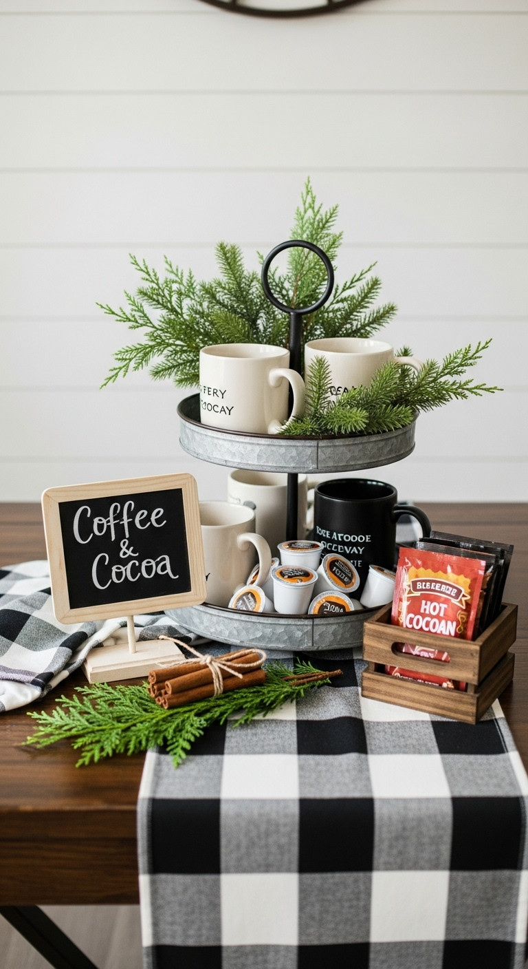 Cozy farmhouse coffee station on dark wood with buffalo check runner chalkboard sign and galvanized tiered tray with mugs