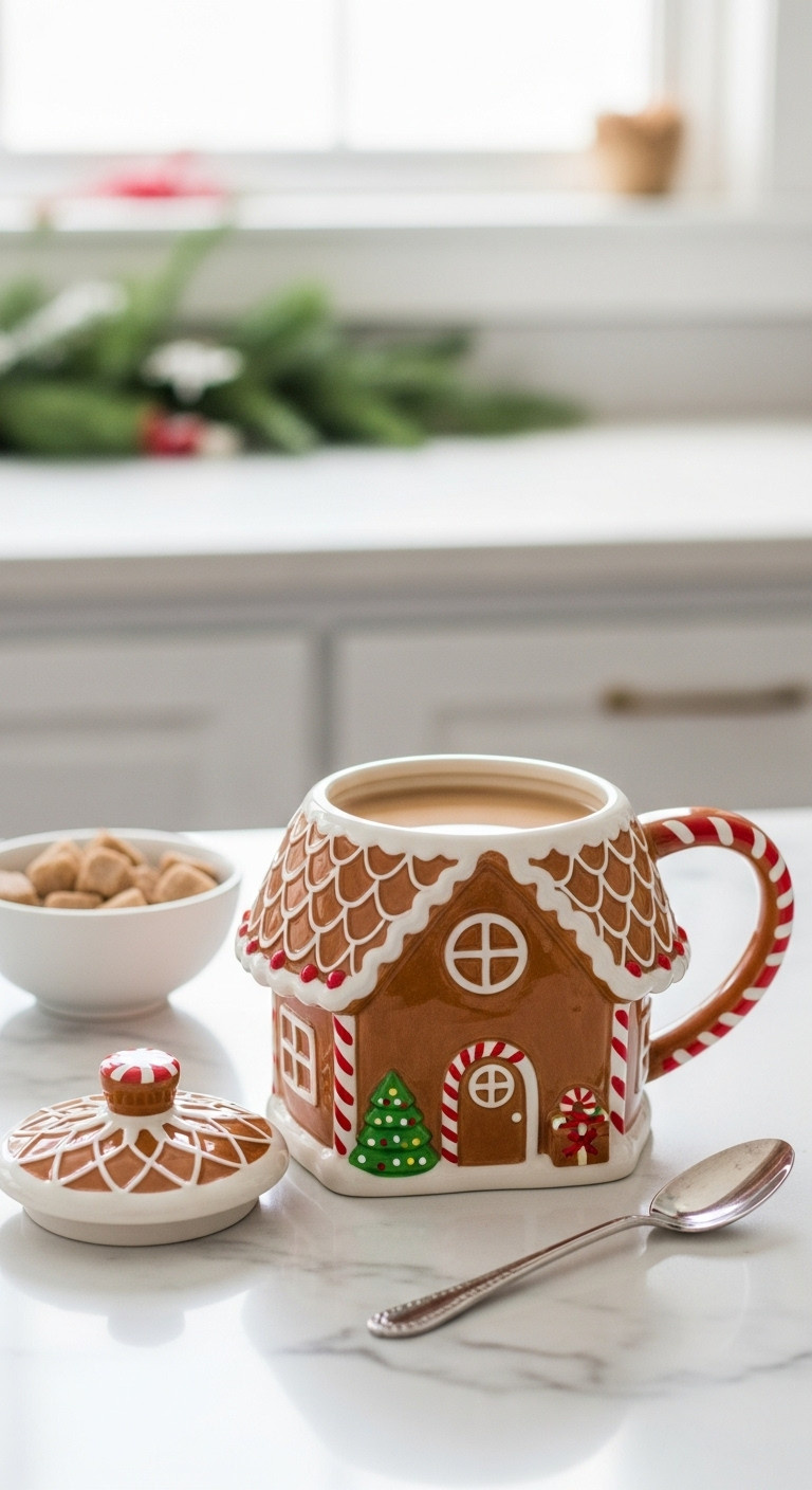 Cozy gingerbread house mug with tea on a marble countertop with festive kitchen greenery in the background