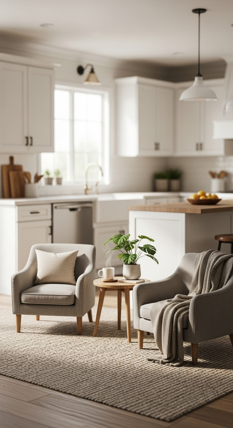 Cozy keeping room next to modern kitchen with armchairs and side table warm lighting