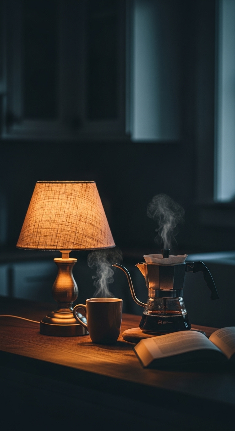 Cozy lamp lit morning coffee corner with a brewing coffee pot and mug on a dark wood surface in a dim kitchen