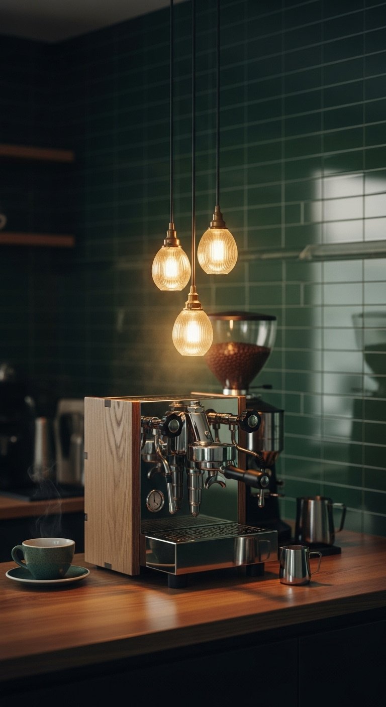 Cozy mini cafe coffee bar with warm pendant lights, chrome espresso machine, steaming cup, and dark green tiled backsplash
