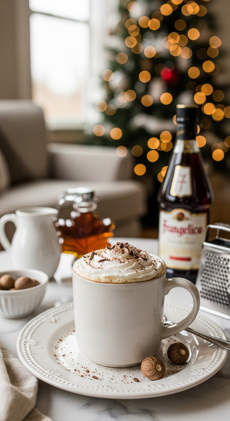 Cozy mug of Mamaw's Holiday Coffee with maple whipped cream, chocolate shavings, nutmeg, maple syrup, and Frangelico