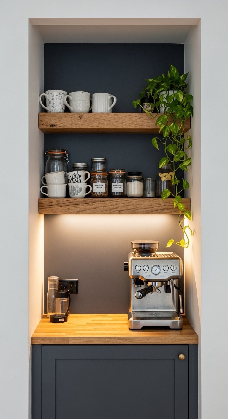 Budget Coffee Bar Ideas That Look High End Without Splurging 9 Cozy nook transformed into a coffee bar with rustic wood floating shelves chrome espresso machine and mismatched mugs on a charcoal gray wall