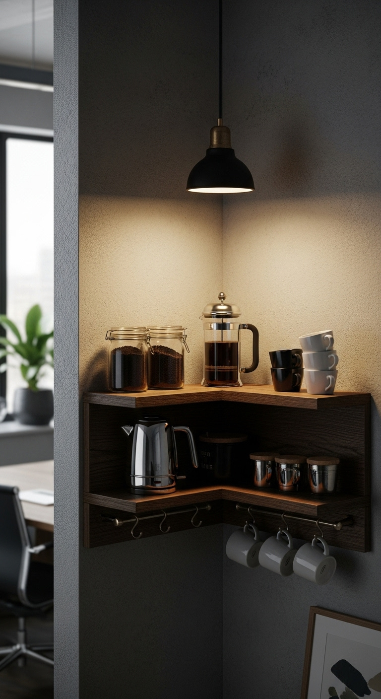 Cozy office corner coffee nook with L-shaped dark wood floating shelves French press and electric kettle