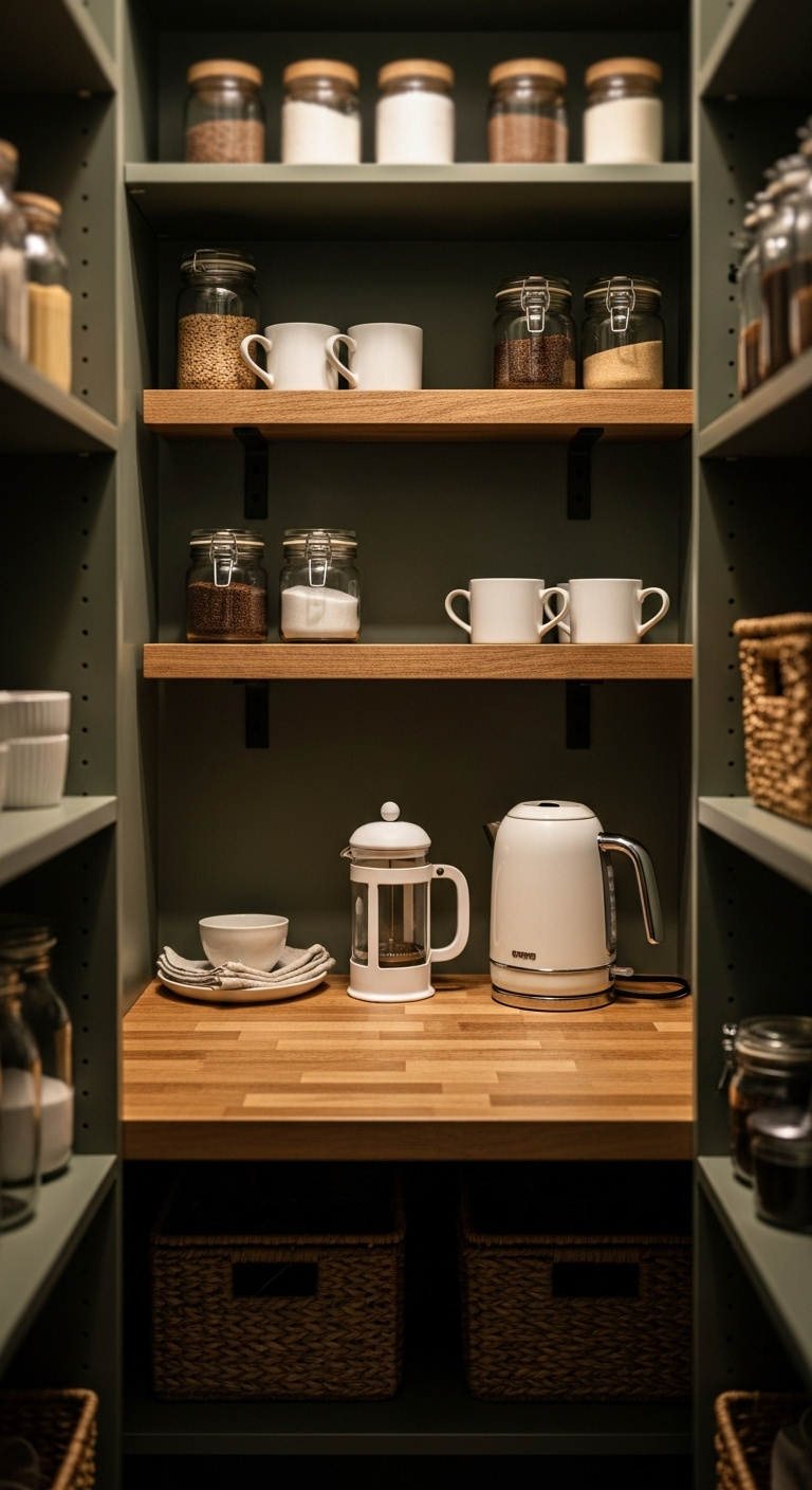 Cozy pantry nook coffee retreat with butcher block counter, French press, and rustic floating shelves on dark green walls