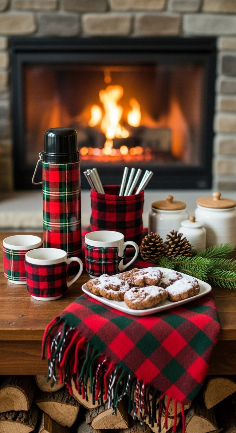 Cozy plaid and flannel hot cocoa bar with a plaid thermos mugs with cozies and a folded plaid blanket as table runner