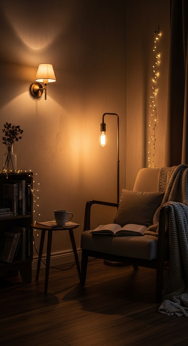 Cozy reading nook at dusk with layered lighting from a wall sconce, floor lamp, and fairy lights, featuring an armchair, coffee, and blanket