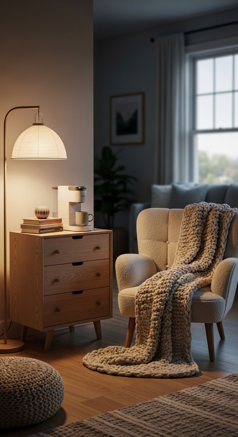Cozy reading nook coffee station with a light wood dresser single serve coffee machine mug books armchair and floor lamp