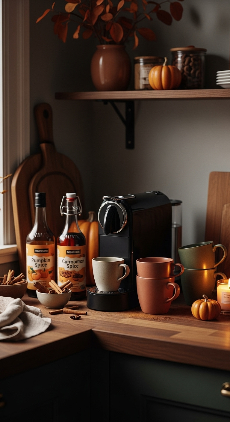 Cozy seasonal Nespresso home coffee bar styled for autumn with dark machine and warm earthy decor