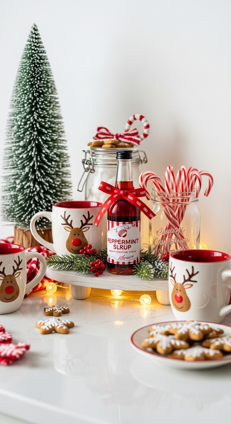 Cozy seasonal coffee corner decorated for Christmas with reindeer mugs peppermint syrup candy canes and bottle brush tree