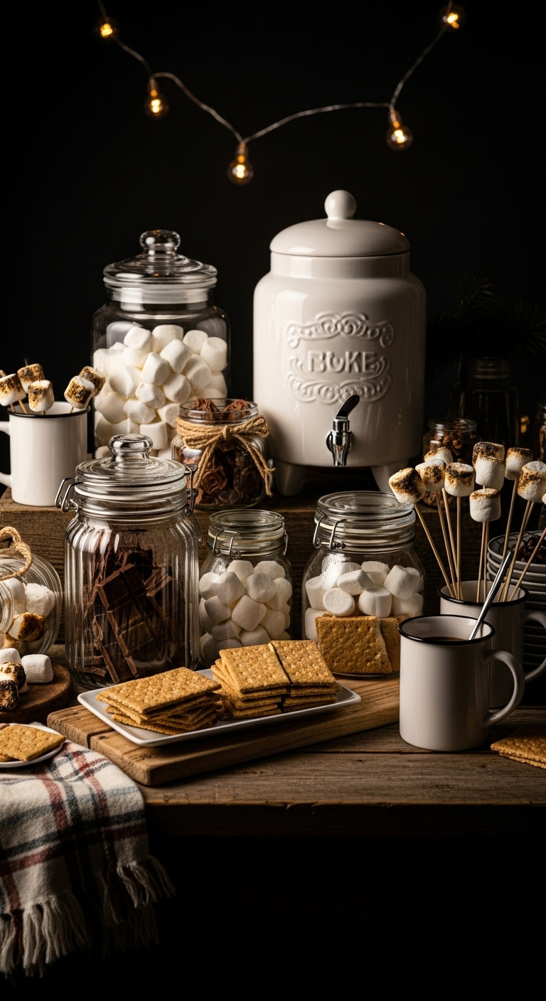 Cozy s'mores and hot chocolate bar with marshmallows chocolate graham crackers and dispenser on rustic table