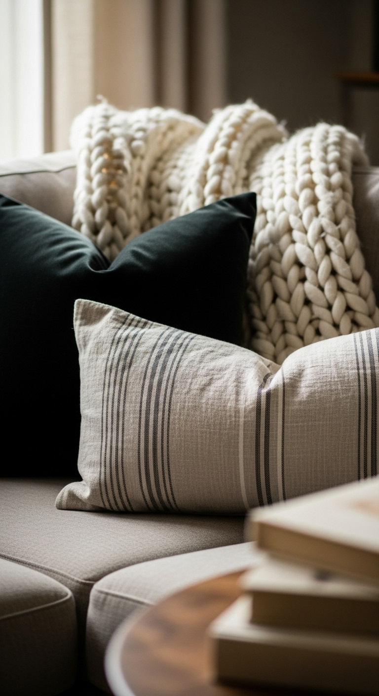 Cozy sofa corner with layered textiles, including a chunky cream knit throw, dark velvet cushion, and striped linen cushion, in soft natural light