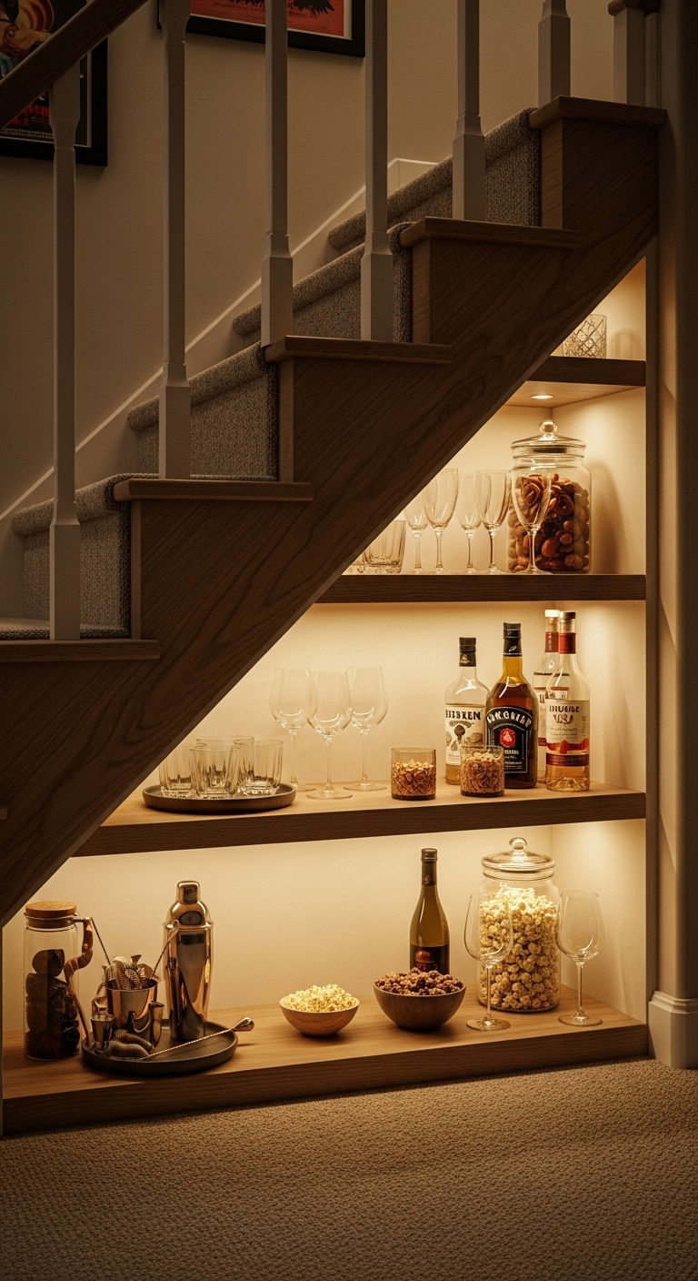 Cozy under stair snack bar in a basement with custom shelves stocked with glassware liquor bottles and snacks illuminated by LED lights
