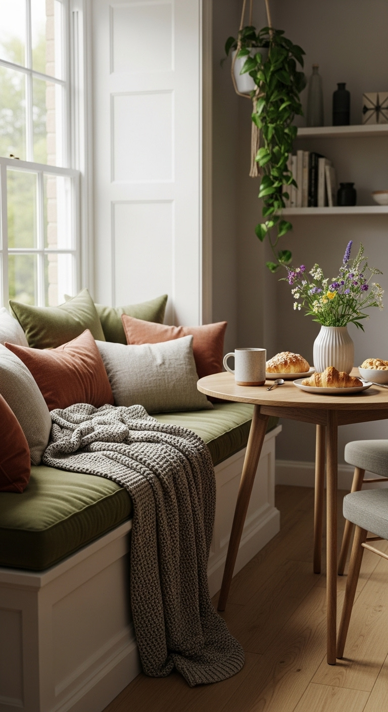 Cozy window seat banquette with olive green upholstery, plush cushions, knit throw, wooden table, ceramic mug, croissant, and wildflowers
