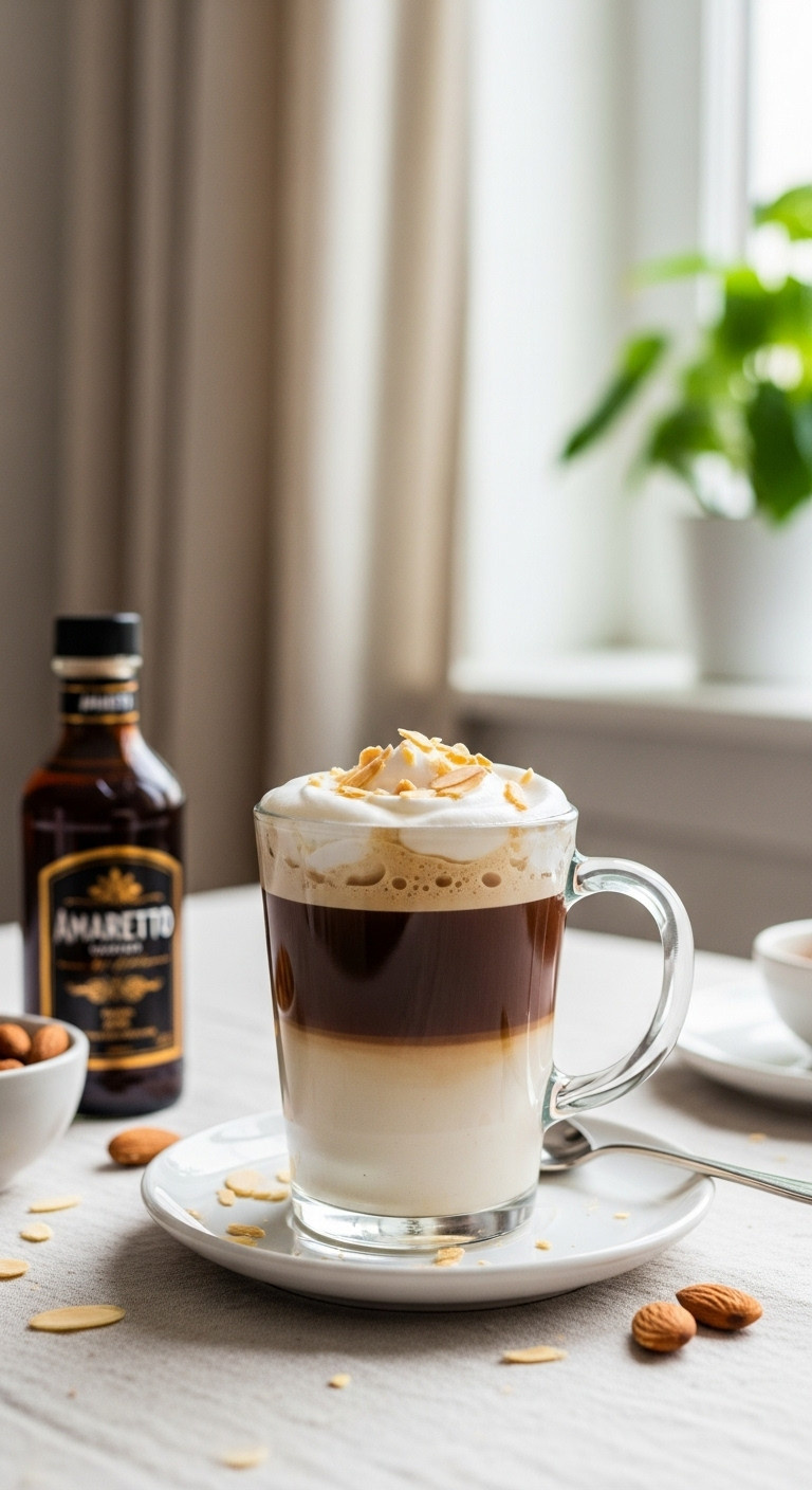 Creamy Amaretto and Kahlúa Coffee with whipped cream and shaved almonds on a linen tablecloth
