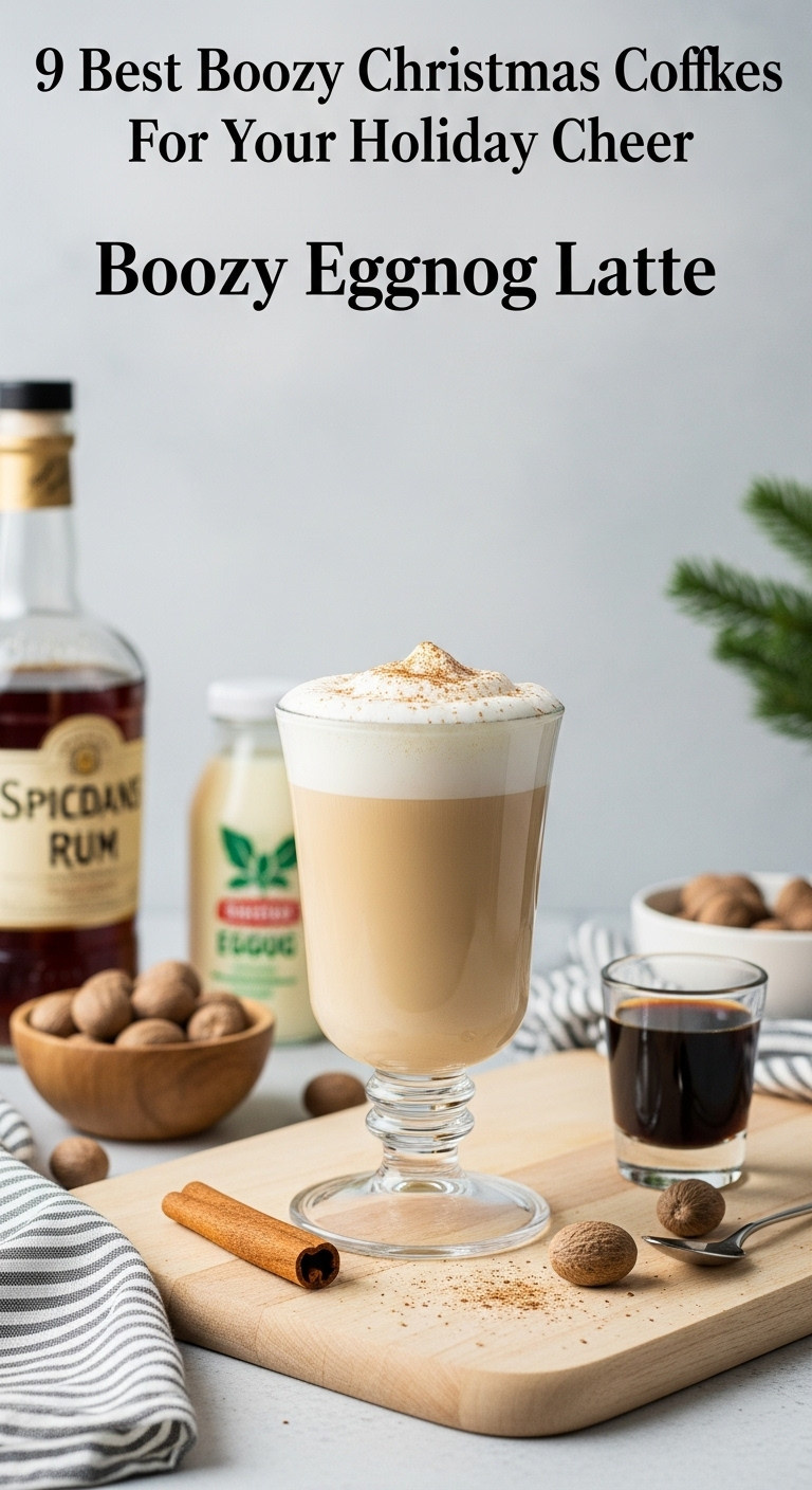 Creamy Boozy Eggnog Latte with frothed eggnog and nutmeg, spiced rum, and eggnog on a light wooden board