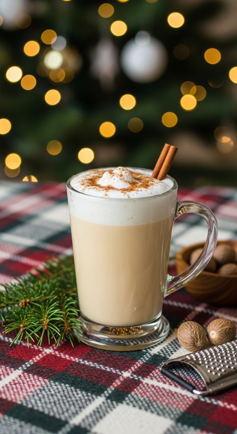Creamy Boozy Eggnog and Rum Latte with frothed milk, nutmeg, and cinnamon stick on a plaid blanket