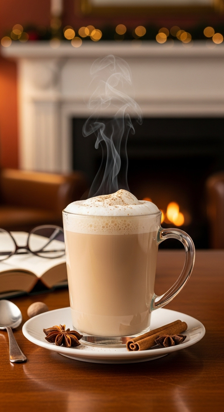 Creamy Chai Nog latte with foam and nutmeg, classic novel, and reading glasses on a polished wooden table