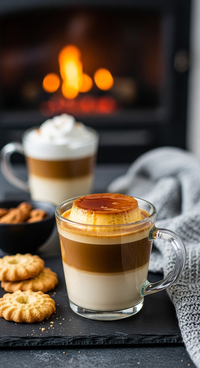 Creamy Crème Brûlée Breve with shortbread cookies on a dark slate surface by a cozy fireplace with a knit blanket