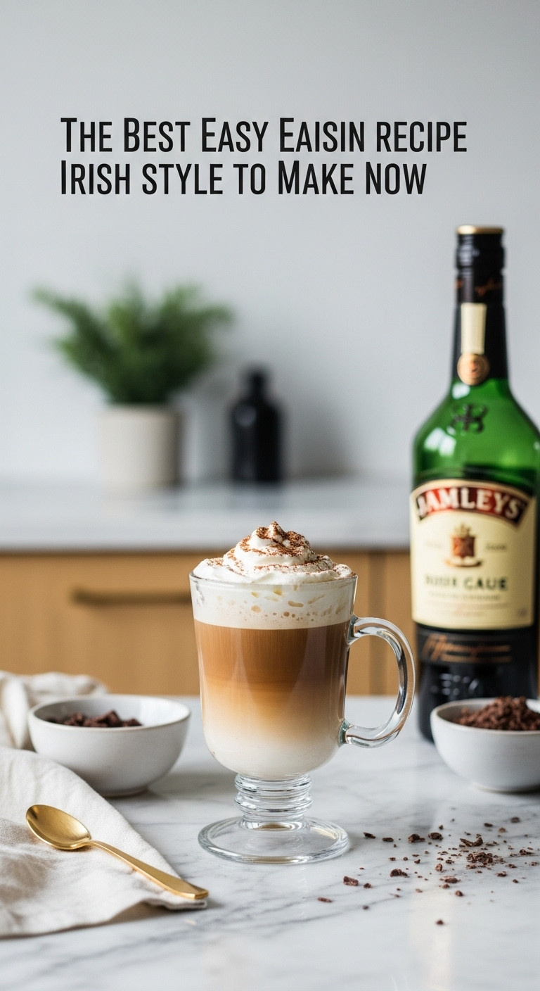 Creamy Jameson and Baileys Irish Coffee with whipped cream and cocoa powder on a marble countertop with Baileys bottle and chocolate shavings