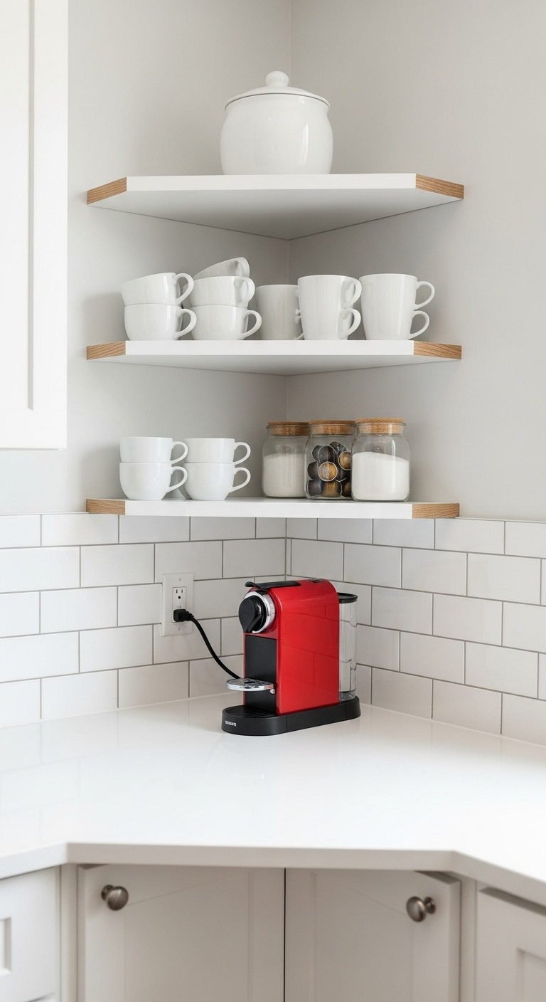 Creative corner coffee nook with triangular countertop, open shelves, and red Nespresso machine