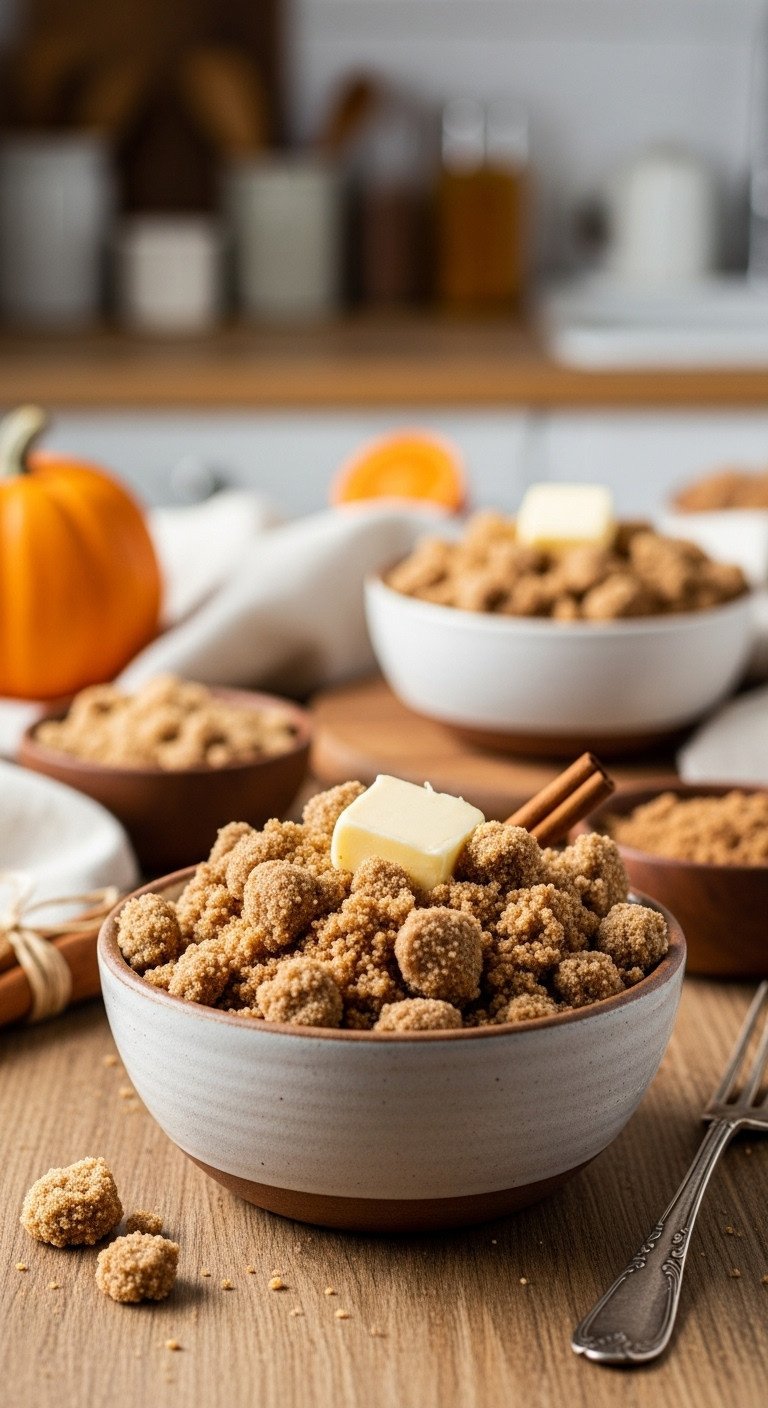 Crumbly buttery brown sugar and cinnamon streusel topping in a rustic ceramic bowl on a wooden table with cinnamon stick and brown sugar