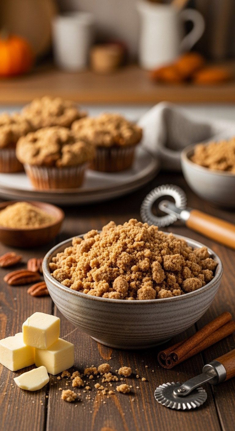 Crumbly cinnamon streusel topping in a rustic ceramic bowl on a dark wooden surface with butter cubes and cinnamon stick