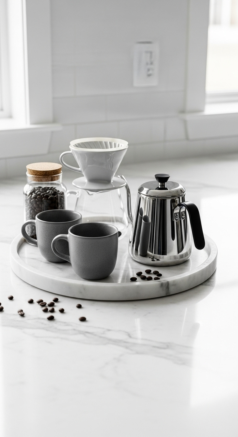 Curated coffee corner on a white quartz kitchen countertop with a marble tray pour over kettle and stoneware mugs