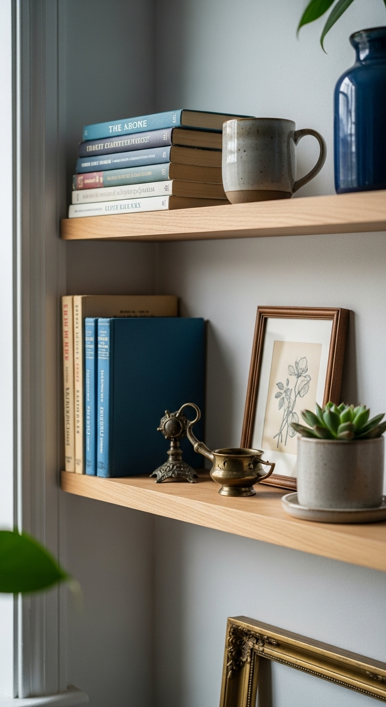 Curated floating wooden shelves with vintage books, handmade ceramic mug, framed art print, brass accessory, and potted succulent on a limewash wall