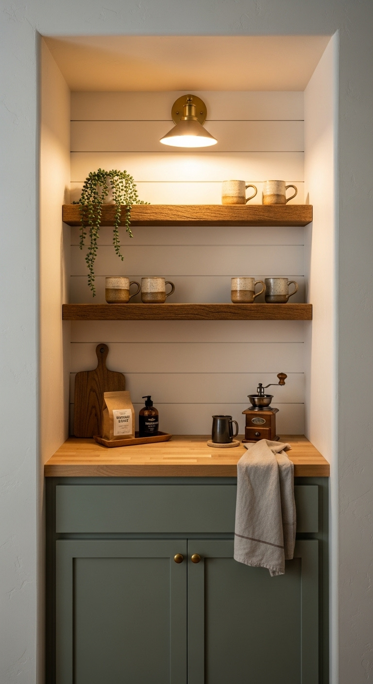 Custom alcove built-in coffee bar with sage green cabinet butcher block counter shiplap backsplash and rustic shelves