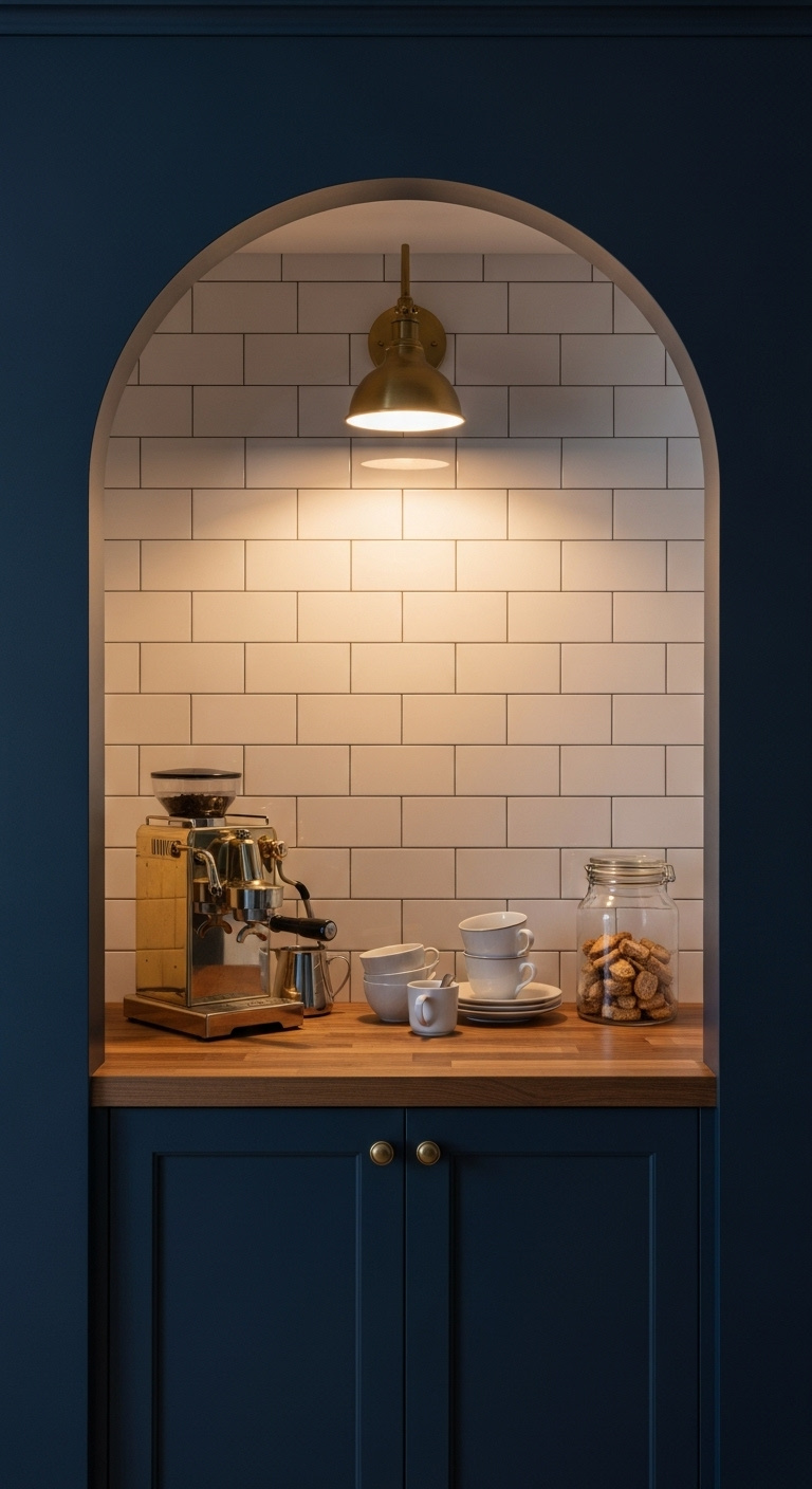 Custom-built coffee nook framed by an arch with dark navy lower cabinets butcher block counter and vintage brass espresso machine