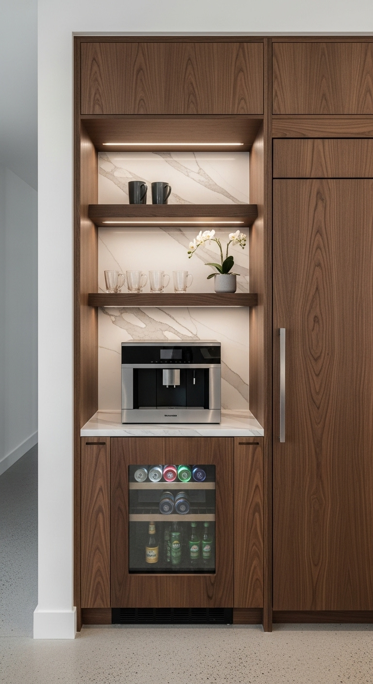 Custom built dark walnut kitchen niche with integrated coffee machine under counter beverage fridge and marble countertop