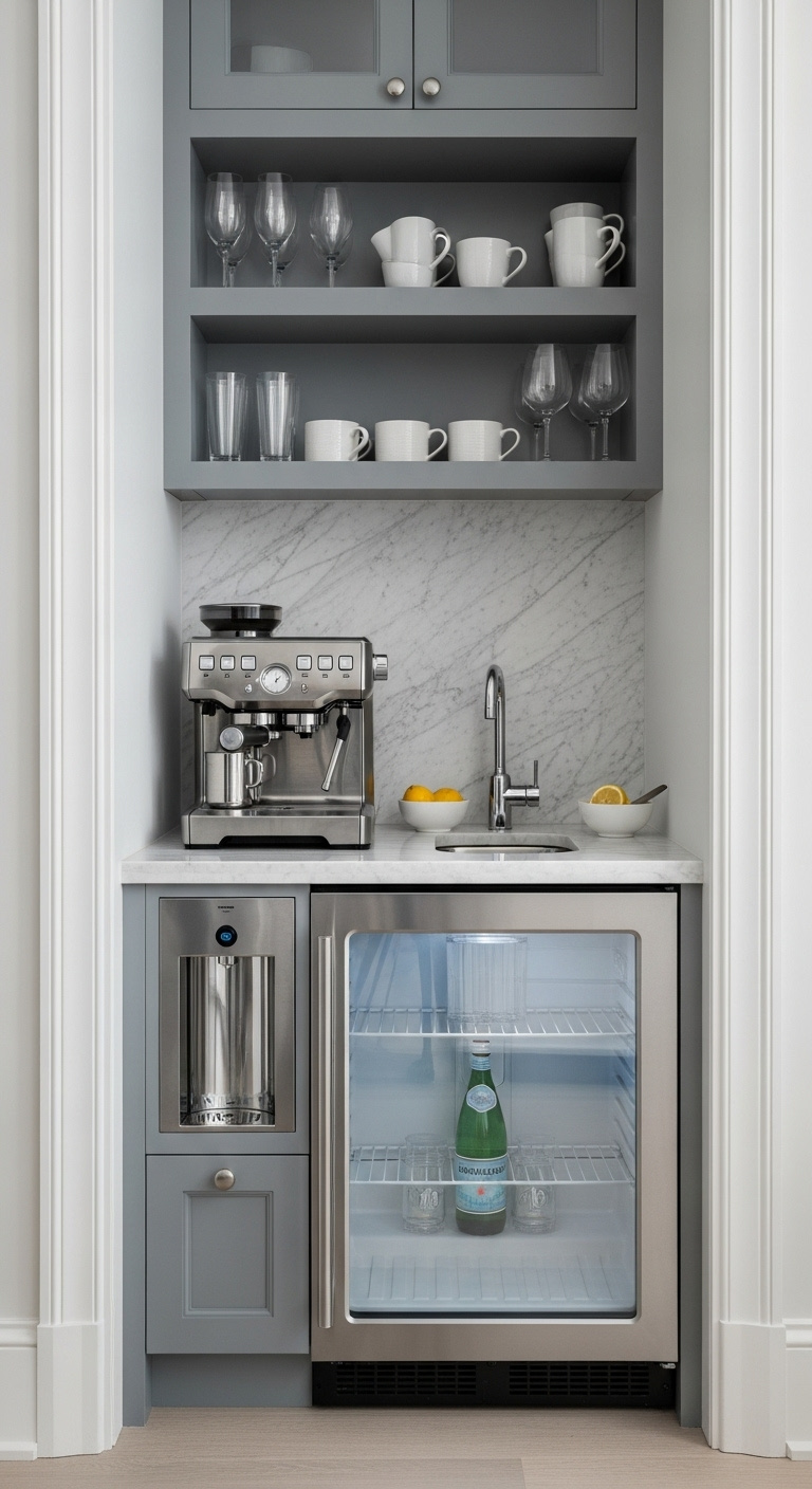 Custom built-in kitchen nook with integrated sink mini-fridge espresso machine hot water dispenser mugs tea cups and wine glasses