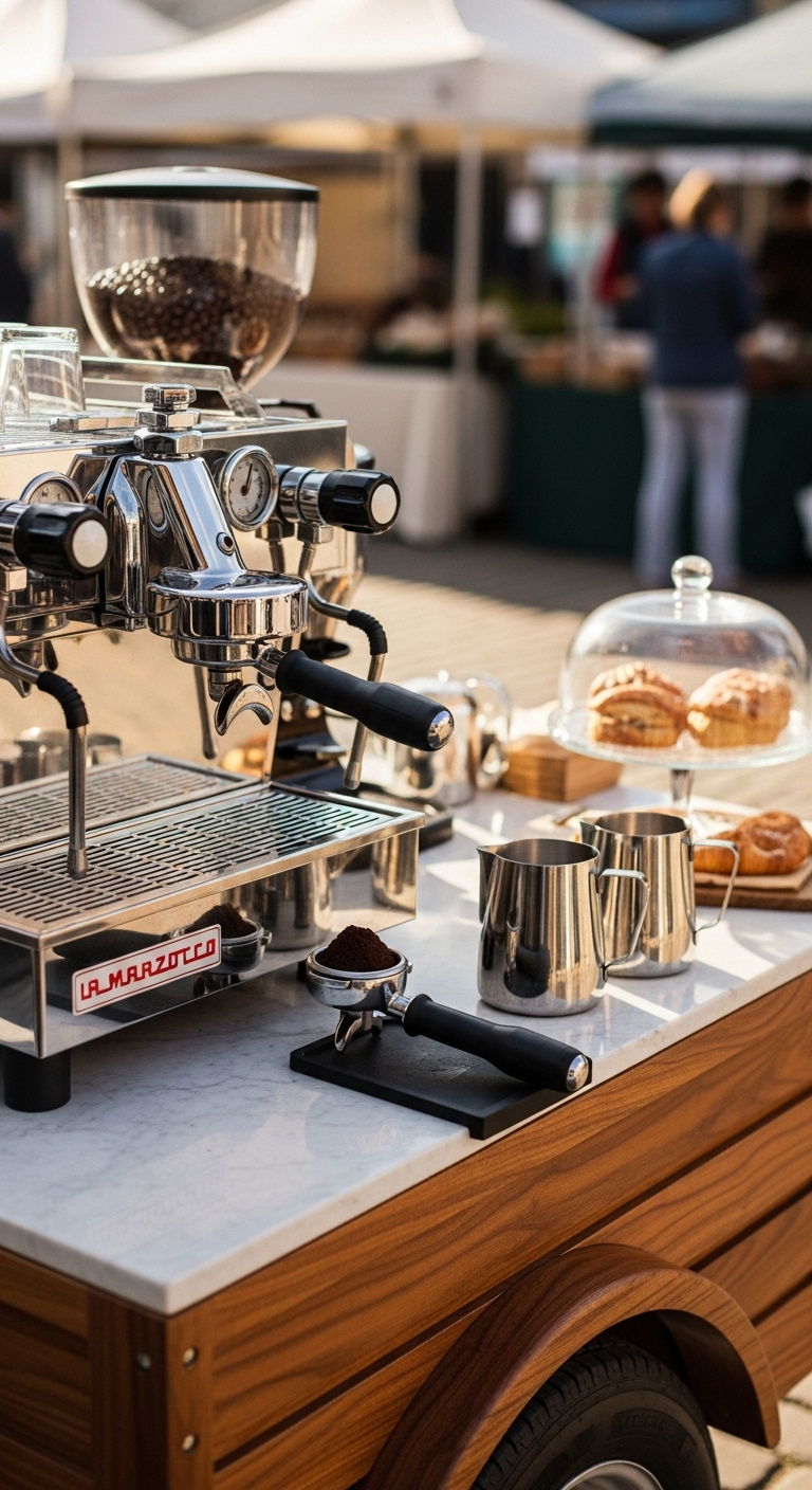 Custom-built wooden mobile espresso cart with a marble top and La Marzocco machine at a bustling farmers market