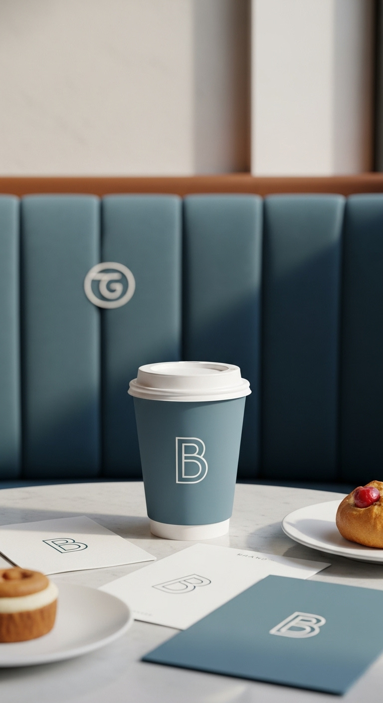 Custom-designed takeaway coffee cup with minimalist logo on a table with branded napkin menu and pastry in a cafe interior
