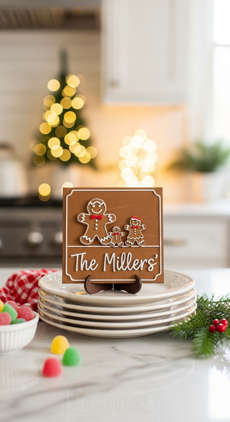 Custom wooden plaque resembling a gingerbread cookie with a gingerbread family and The Millers in white script
