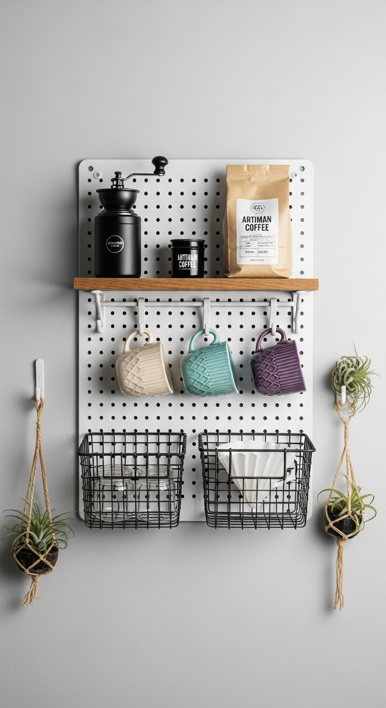 Customizable pegboard coffee organizer on kitchen wall with grinder artisan beans colorful mugs and filters