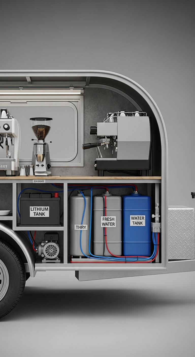 Cutaway view of a compact coffee trailer highlighting neatly organized internal components like battery water tanks pump and wiring
