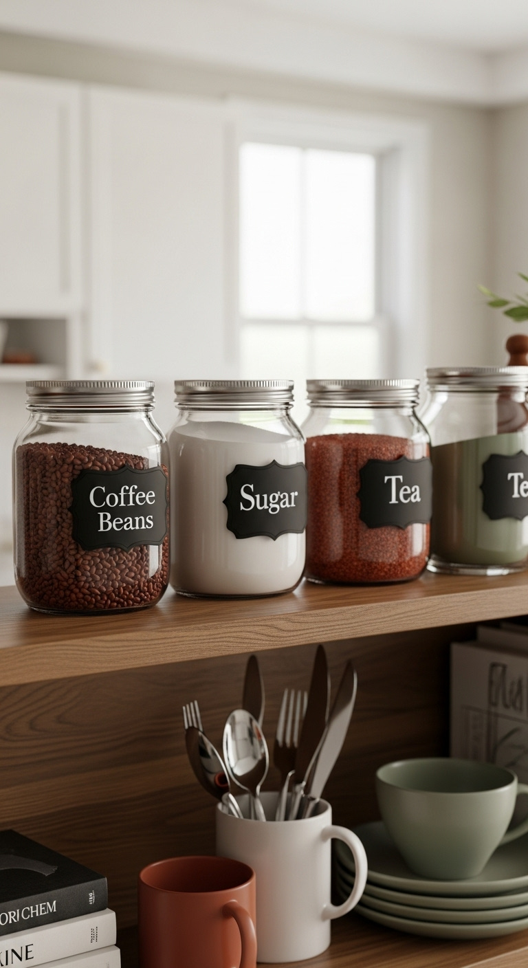 DIY Mason jar organizer with clear glass jars labeled Coffee Beans Sugar Tea on wooden shelf in farmhouse kitchen