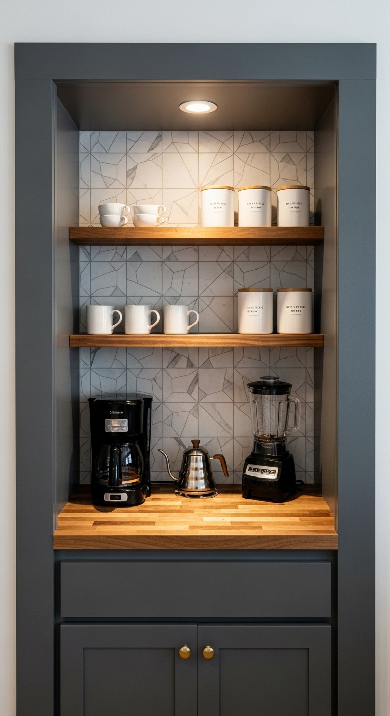 DIY built-in coffee and juice bar nook with charcoal gray paint, butcher block counter, coffee maker, blender, floating shelves, and geometric tile backsplash