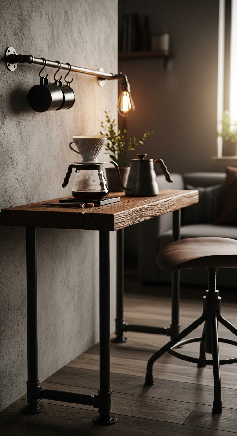 DIY coffee bar desk made from dark stained wood plank and black iron pipe legs with pour over setup and kettle