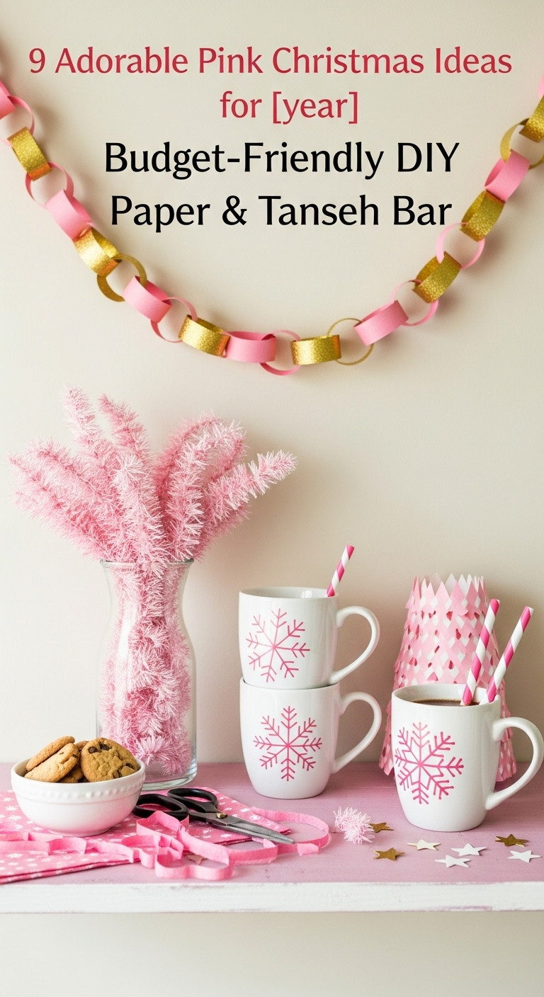 DIY coffee bar with a handmade pink and gold paper chain garland tinsel filled vase and snowflake mugs