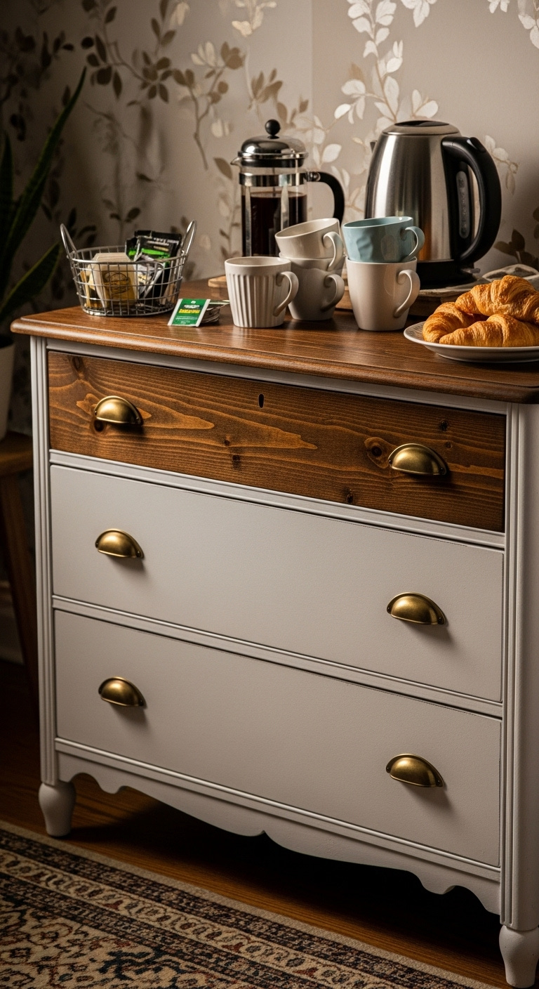 DIY dresser to coffee bar transformation in soft white with dark wood top brass pulls French press and colorful mugs