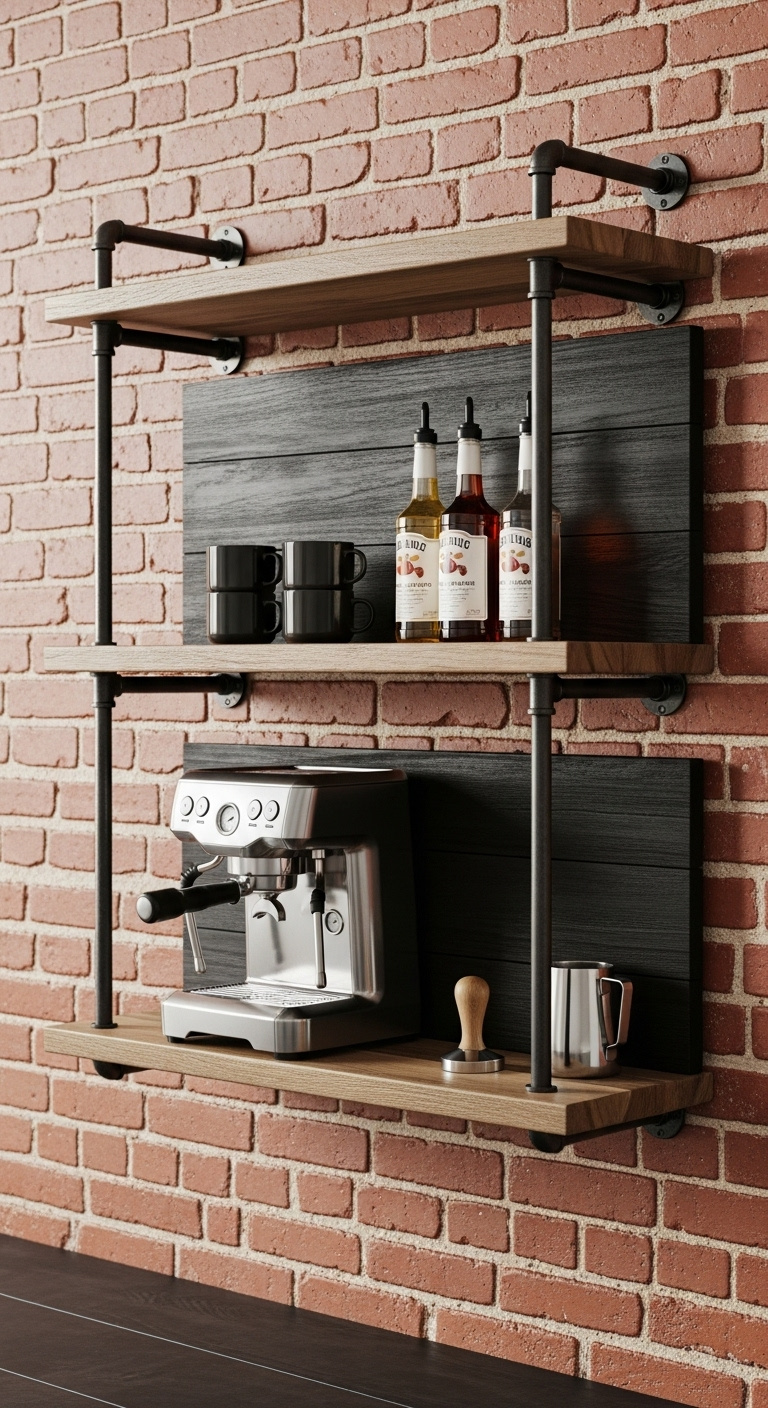 DIY industrial rustic coffee bar with black pipe shelving dark wood and an espresso machine against a red brick wall