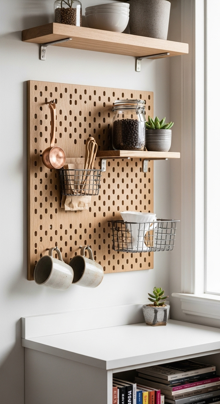 DIY pegboard coffee wall with ceramic mugs wire basket coffee filters wooden shelf coffee beans and a succulent