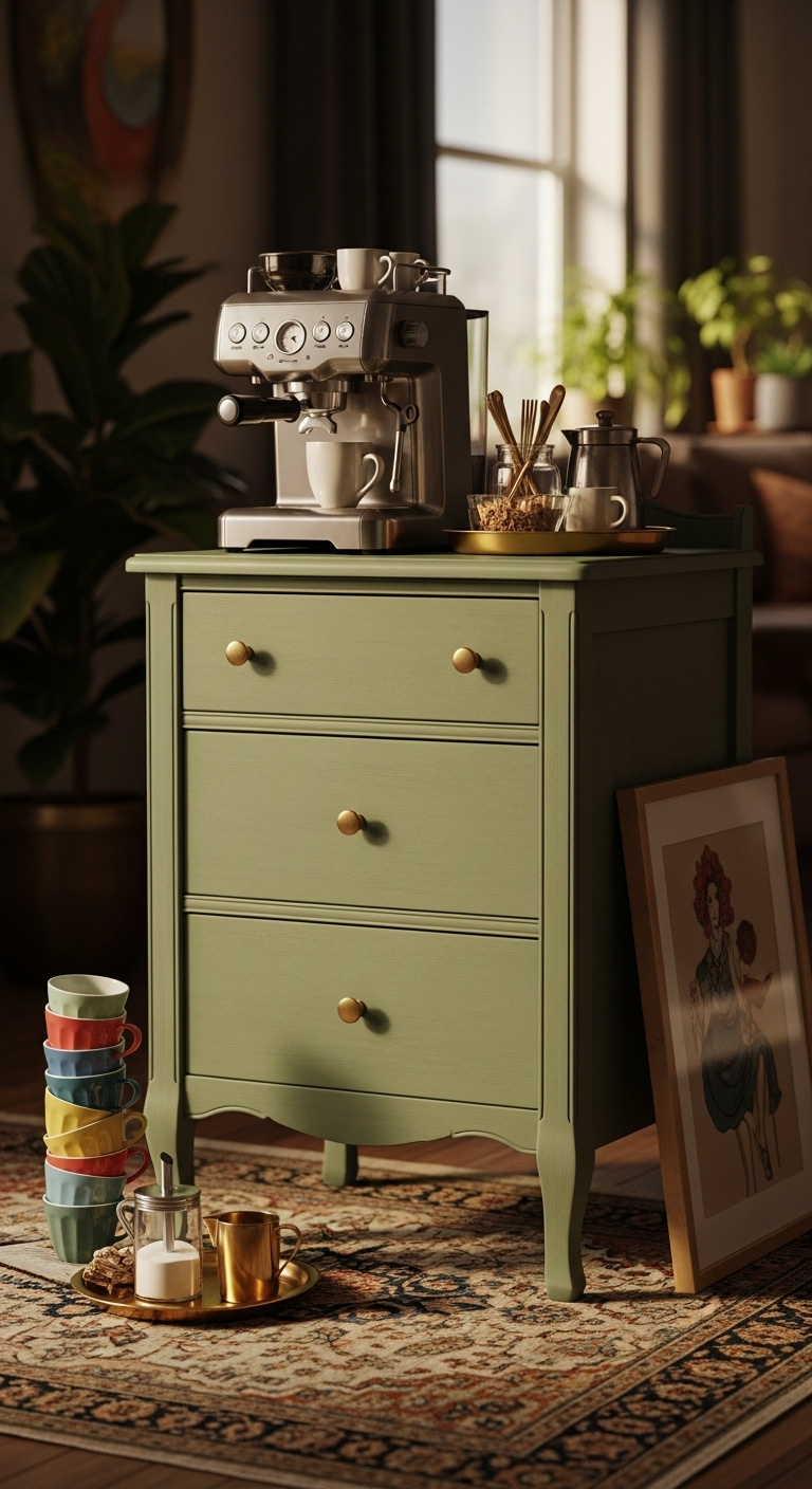 DIY repurposed sage green dresser coffee bar with a retro espresso machine and modern brass knobs in an eclectic entryway