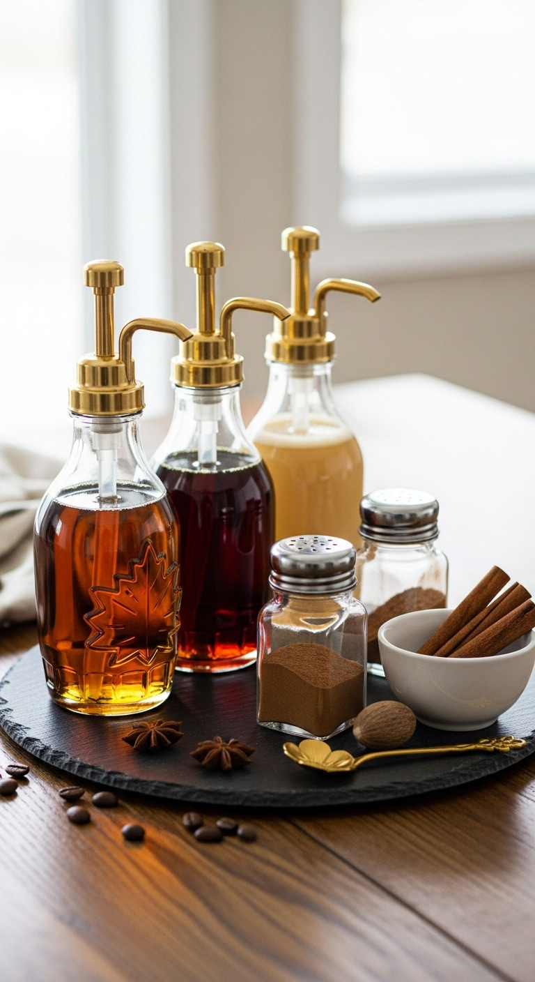 DIY syrup and spice bar with glass dispensers of maple, caramel, pumpkin spice syrups, cinnamon, nutmeg, and coffee beans
