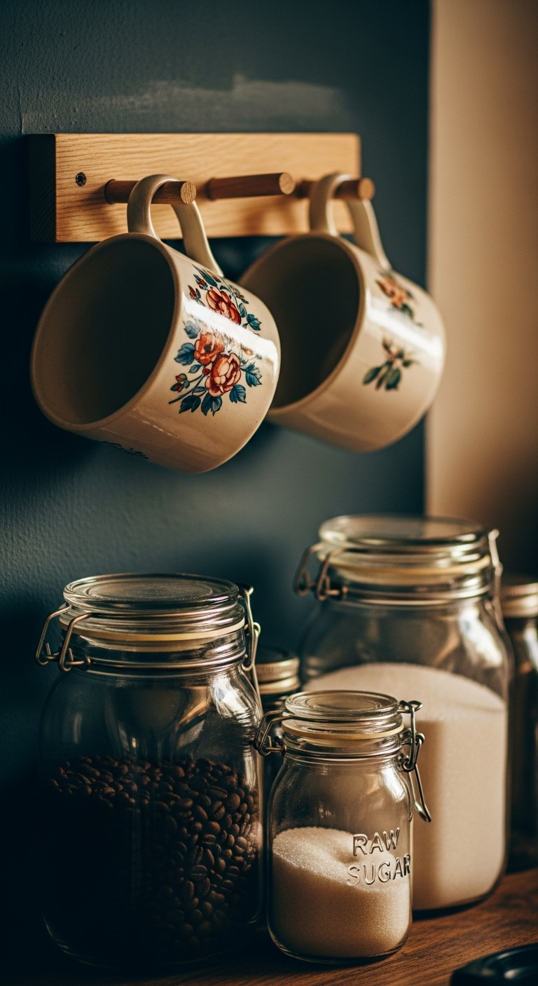 DIY thrifted coffee bar accessories with vintage ceramic mugs on a peg rack and repurposed glass jars for coffee and sugar